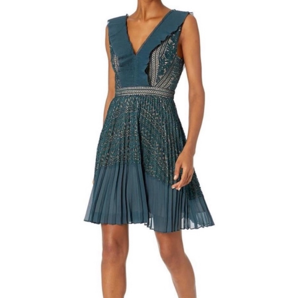 French Connection A Line Green Lace Pleated Dress